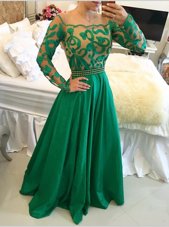Unique Scoop Long Sleeves Floor Length Side Zipper Prom Gown Green and In for Prom with Beading and Appliques