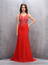 Mermaid Scoop Sleeveless Chiffon Dress for Prom Beading and Sequins Brush Train Zipper