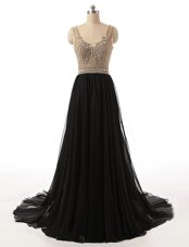 Noble Black Side Zipper V-neck Beading Prom Dresses Tulle Sleeveless Brush Train