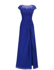 Modern Scoop Royal Blue Cap Sleeves Floor Length Appliques Zipper Prom Dress