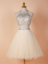 Scoop Champagne Sleeveless Knee Length Beading Backless Party Dress