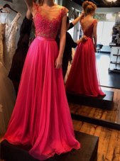 Mermaid Scoop Sleeveless Chiffon Prom Gown Beading and Appliques and Bowknot Court Train Zipper