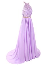 Shining Lavender Sleeveless Chiffon Brush Train Backless Prom Dresses for Prom