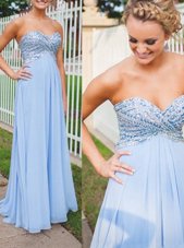 Fine Backless Light Blue Sleeveless Beading Floor Length Dress for Prom