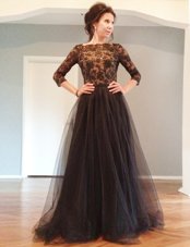 Black A-line Beading and Lace Prom Evening Gown Backless Tulle 3|4 Length Sleeve Floor Length