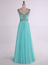 Charming Aqua Blue A-line Chiffon V-neck Sleeveless Beading Floor Length Zipper Homecoming Dress