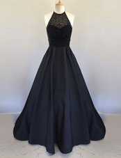 Simple Halter Top Beading Dress for Prom Black Zipper Sleeveless Floor Length