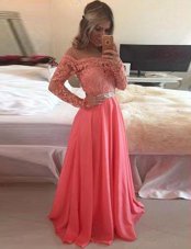 Romantic Watermelon Red Scoop Zipper Beading and Appliques Homecoming Dress Long Sleeves