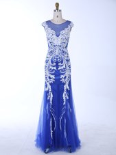 Pretty Mermaid Scoop Royal Blue Backless Evening Dress Beading and Appliques Sleeveless Floor Length