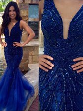Mermaid Royal Blue V-neck Neckline Sequins Evening Dress Sleeveless Zipper