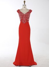 Elegant Mermaid Watermelon Red Prom Dress Prom and Party and For with Beading Scoop Sleeveless Brush Train Zipper