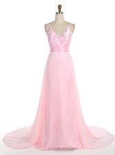 Dynamic Mermaid Pink Sleeveless Sweep Train Ruffles With Train Evening Gowns