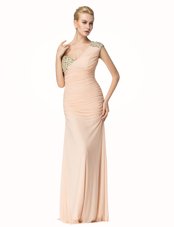 Cute Mermaid One Shoulder Sleeveless Floor Length Beading and Ruching Zipper Prom Gown with Peach