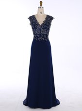 Designer Sleeveless Chiffon Sweep Train Zipper Dress for Prom in Navy Blue for with Appliques