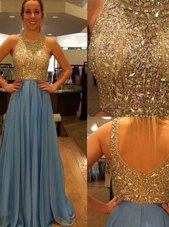 Best Selling Blue A-line Scoop Sleeveless Chiffon With Brush Train Zipper Sequins