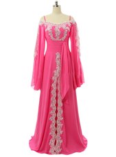 Hot Pink Spaghetti Straps Zipper Lace and Sequins Prom Party Dress Sweep Train Long Sleeves