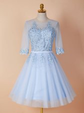 Deluxe Scoop Light Blue Half Sleeves Knee Length Appliques Backless Cocktail Dresses
