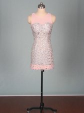 Pink Zipper Scoop Beading Evening Dress Elastic Woven Satin Sleeveless