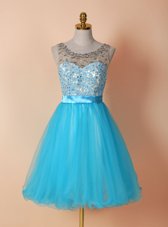 Scoop Blue Sleeveless Tulle Zipper Party Dress for Prom