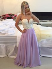 Scoop Floor Length Clasp Handle Prom Dresses Lavender and In for Prom and Party with Ruching