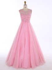 Stunning Backless Scoop Sleeveless Dress for Prom Floor Length Beading and Appliques Baby Pink Satin