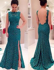 Attractive Mermaid Backless Scalloped Floor Length Teal Prom Gown Lace Sleeveless Lace