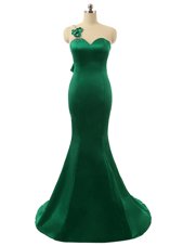 Dynamic Mermaid Satin Scoop Sleeveless Sweep Train Zipper Beading and Bowknot and Hand Made Flower in Green