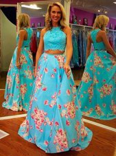 Halter Top Blue Zipper Prom Gown Beading and Appliques and Pattern Sleeveless Floor Length
