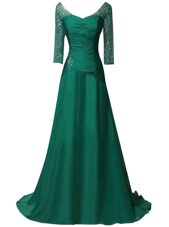 With Train Green Prom Gown Chiffon Sweep Train Long Sleeves Beading and Ruching
