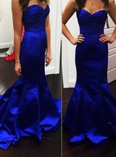 Mermaid Royal Blue Prom Evening Gown Prom and Party and For with Ruching Sweetheart Sleeveless Brush Train Zipper