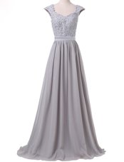 Customized Scoop Grey Chiffon Lace Up Prom Gown Cap Sleeves Floor Length Lace and Pleated