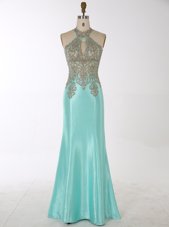 Affordable Mermaid Floor Length Zipper Evening Dress Aqua Blue and In for Prom and Party with Beading