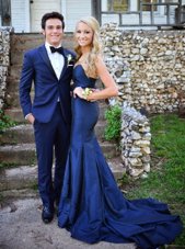 High End Mermaid Navy Blue Prom Dress Prom and Party and For with Ruching Sweetheart Sleeveless Sweep Train Zipper