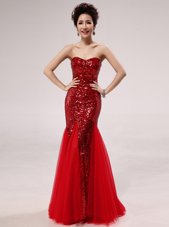 Best Red Mermaid Sequins Prom Dresses Zipper Satin and Tulle Sleeveless Floor Length