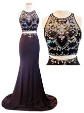 Beauteous Scoop Sleeveless Court Train Beading and Appliques Zipper Prom Party Dress