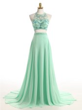 Custom Design Brush Train A-line Prom Party Dress Apple Green Halter Top Chiffon Sleeveless Zipper