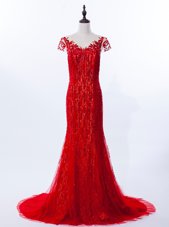 Fantastic Mermaid Scoop Lace Cap Sleeves Beading and Appliques Zipper Prom Gown with Red Brush Train
