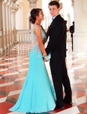 Pretty Royal Blue A-line High-neck Sleeveless Chiffon Floor Length Zipper Beading Prom Evening Gown