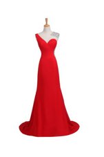 Satin One Shoulder Sleeveless Court Train Backless Beading Prom Dress in Coral Red
