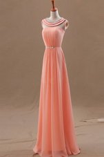 Sleeveless Chiffon Floor Length Zipper in Watermelon Red for with Beading