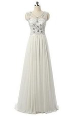 Trendy White Evening Dress Prom and For with Beading V-neck Sleeveless Zipper