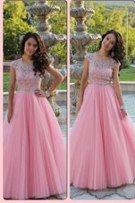 Adorable Baby Pink Prom Dresses Prom and Party and For with Beading Scoop Cap Sleeves Zipper