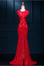 Custom Made Mermaid Red Scoop Neckline Lace Evening Dress Sleeveless Zipper