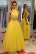 Yellow Column/Sheath High-neck Sleeveless Chiffon Floor Length Zipper Sequins Prom Party Dress