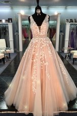 Modest Straps Sleeveless Pageant Dress for Teens Floor Length Lace Peach Chiffon