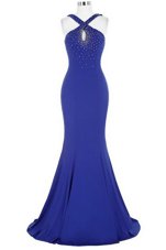 Cheap Mermaid Royal Blue Halter Top Zipper Beading Prom Party Dress Brush Train Sleeveless