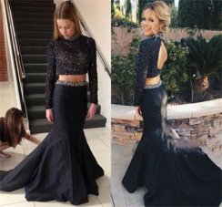 Excellent With Train Black Prom Party Dress High-neck Long Sleeves Brush Train Backless