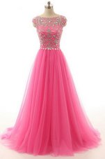 Lace Hot Pink Zipper Prom Dress Beading Short Sleeves Floor Length