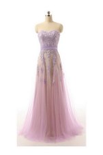 Sweetheart Sleeveless Evening Dress Brush Train Lace and Appliques and Belt Lilac Organza