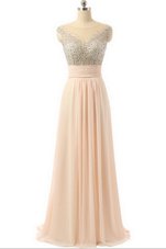 Peach Side Zipper Scoop Beading and Sequins and Belt Prom Gown Organza Sleeveless Sweep Train